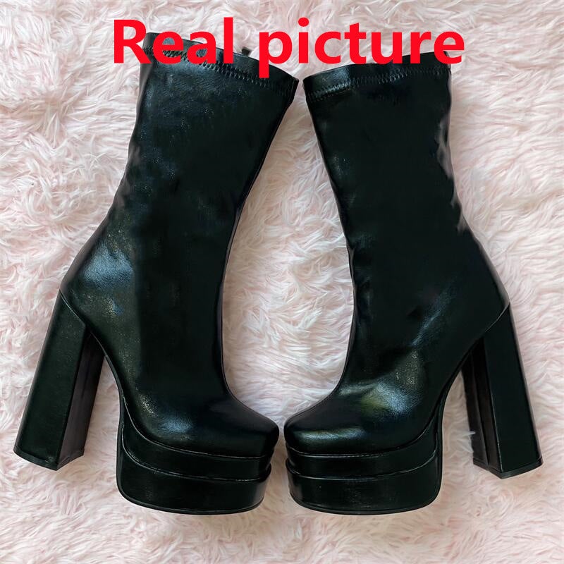 2022 New Women'S Shoes Square Toe Chunky Heel Platform Four Seasons Ankle Boots Plus Size 35-43 Size - Image 1