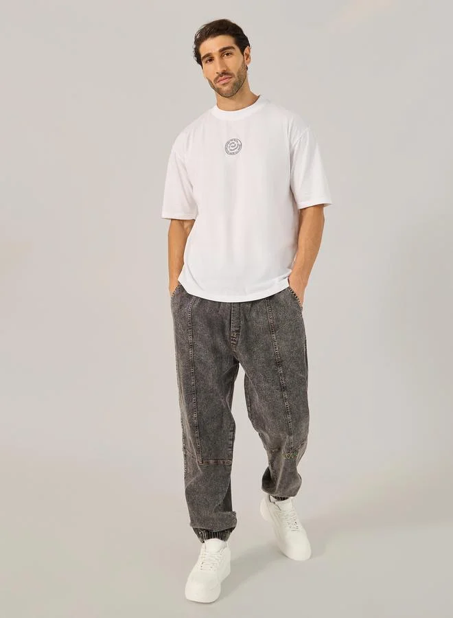 Styli Printed Oversized Cotton Rich T-Shirt with Mock Neck Detail