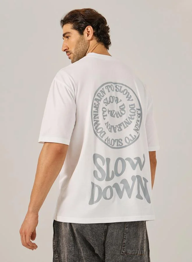 Styli Printed Oversized Cotton Rich T-Shirt with Mock Neck Detail