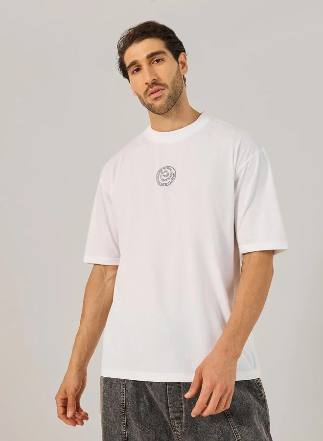 Styli Printed Oversized Cotton Rich T-Shirt with Mock Neck Detail