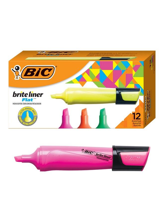 Bic Brite Liner Flat Highlighter Chisel Tip For Broad Highlighting & Fine Underlining Assorted Colors 12Count  - Image 1