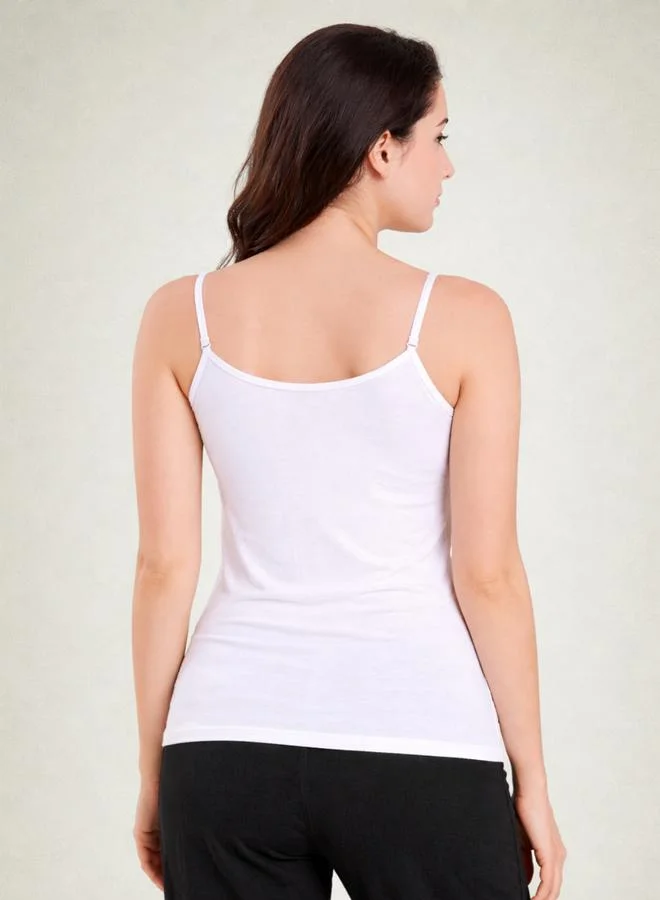 Take Two White Solid Soft Cotton Adjustable Strap Cami By Lazzycat