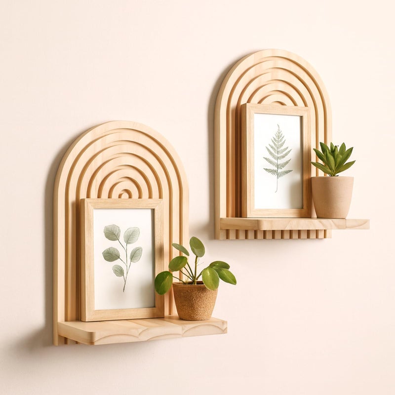 Artilady 2 Pack Boho Wood Wall Hanging Shelf - Handmade Rainbow Arch Floating Shelves Trinket Storage Rack Modern Wall Decor for Bedroom Living Room Nursery Bathroom - Image 1