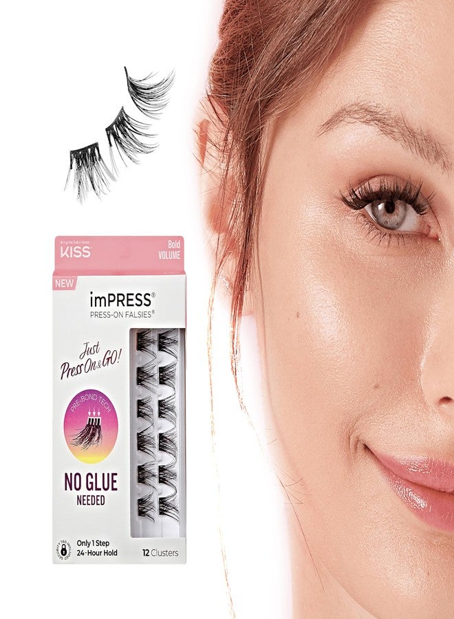 Impress KISS imPRESS Falsies Press On Self Adhesive Eyelashes, 12mm-14mm Natural Volume Press On Lashes, Black, No Glue Needed, Invisible Band, 12 Lash Clusters - Bold - Image 1