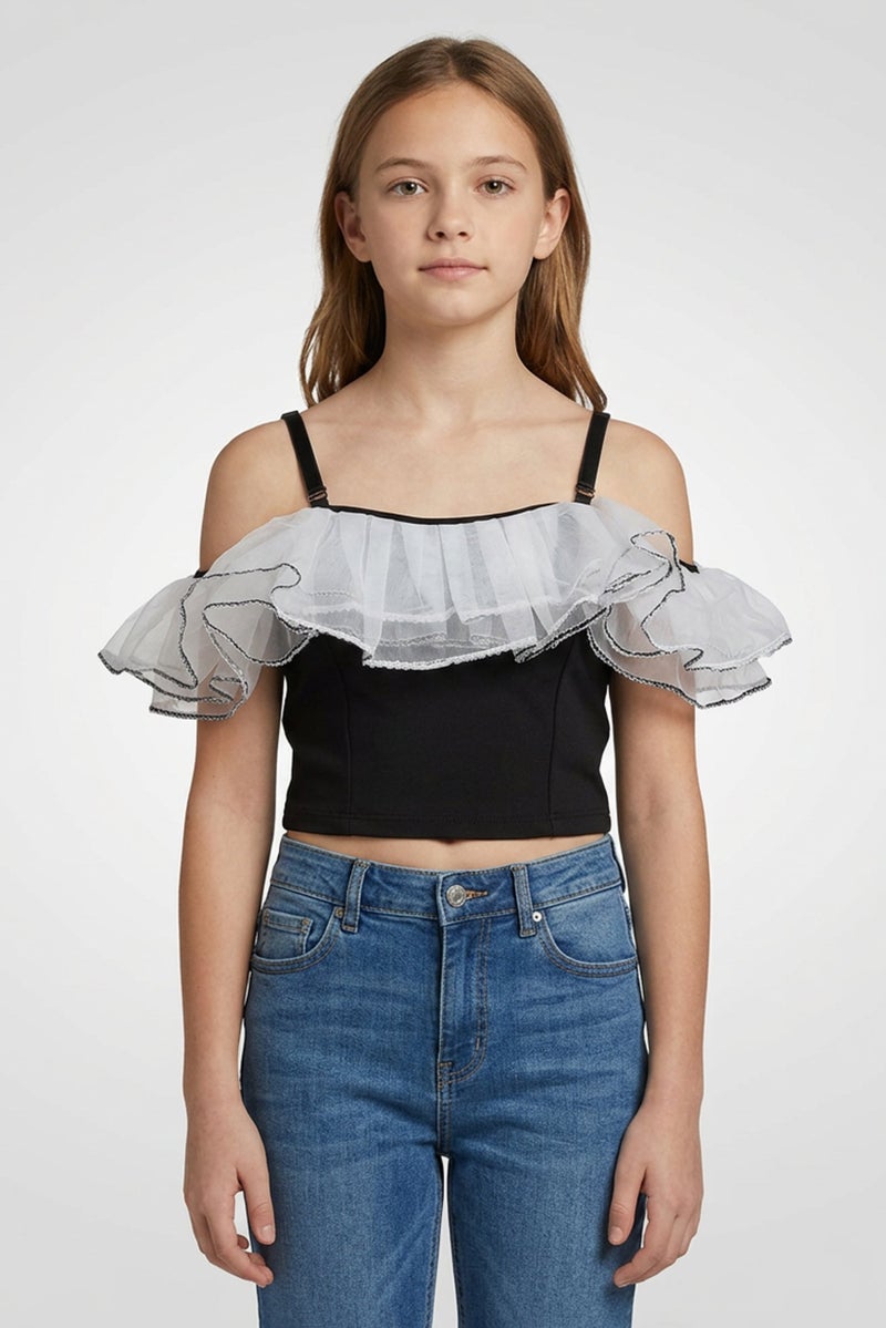 Fun & Fun Kid Girls Off Shoulder Pleated Lace Top, Black - Image 1