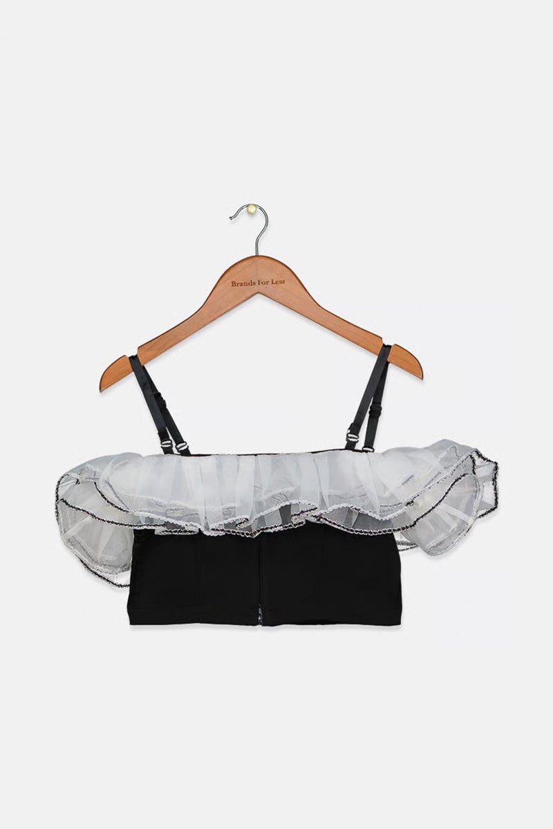 Fun & Fun Kid Girls Off Shoulder Pleated Lace Top, Black - Image 3