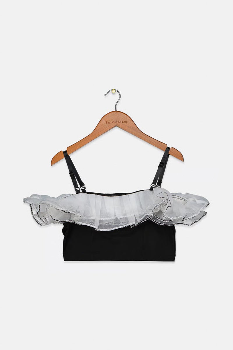 Fun & Fun Kid Girls Off Shoulder Pleated Lace Top, Black - Image 2