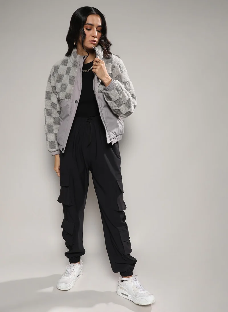 Campus Sutra Women's Moon Grey Fleece Self-Design Buffalo Check Jacket