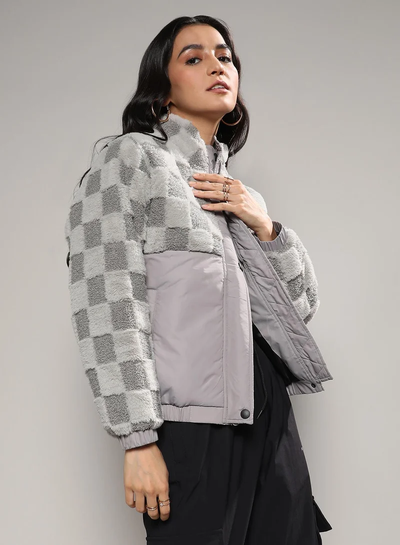 Campus Sutra Women's Moon Grey Fleece Self-Design Buffalo Check Jacket
