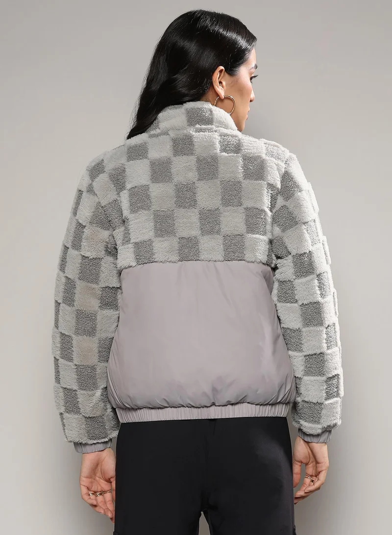 Campus Sutra Women's Moon Grey Fleece Self-Design Buffalo Check Jacket