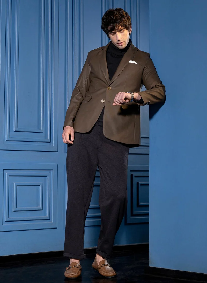CAHOOT  Men Tailored-Leather Blazer | Lapel Collar, Long Split-Button Set-In Sleeves | Button , Back-Split Straight Hem | Solid Coated Woven Fabric For Casual & Evening Wear | Coffee Brown for Men | Best Price UAE