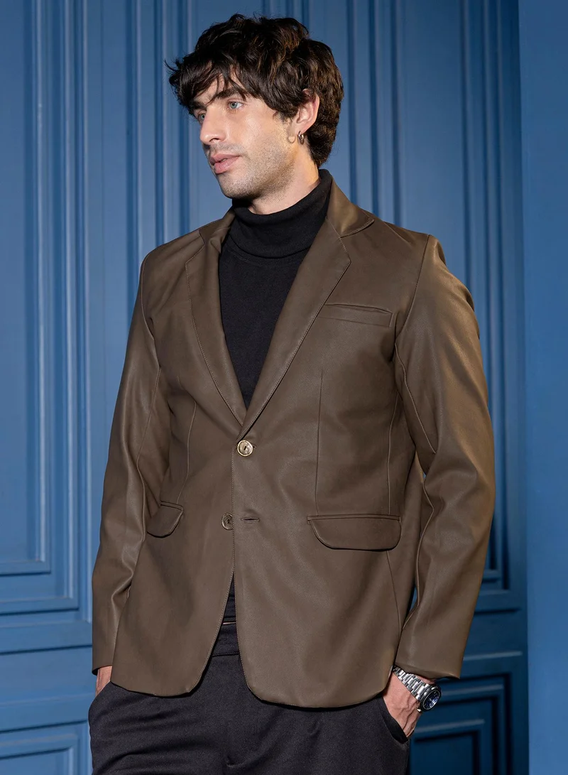 CAHOOT  Men Tailored-Leather Blazer | Lapel Collar, Long Split-Button Set-In Sleeves | Button , Back-Split Straight Hem | Solid Coated Woven Fabric For Casual & Evening Wear | Coffee Brown for Men | Best Price UAE