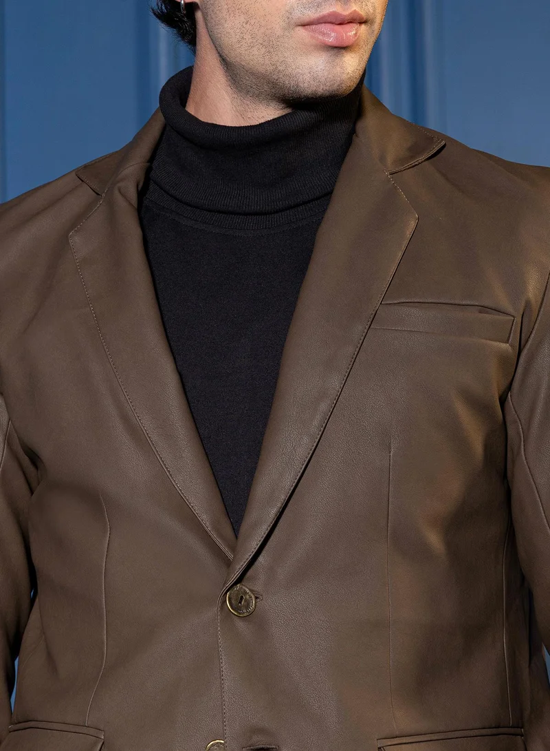 CAHOOT  Men Tailored-Leather Blazer | Lapel Collar, Long Split-Button Set-In Sleeves | Button , Back-Split Straight Hem | Solid Coated Woven Fabric For Casual & Evening Wear | Coffee Brown for Men | Best Price UAE