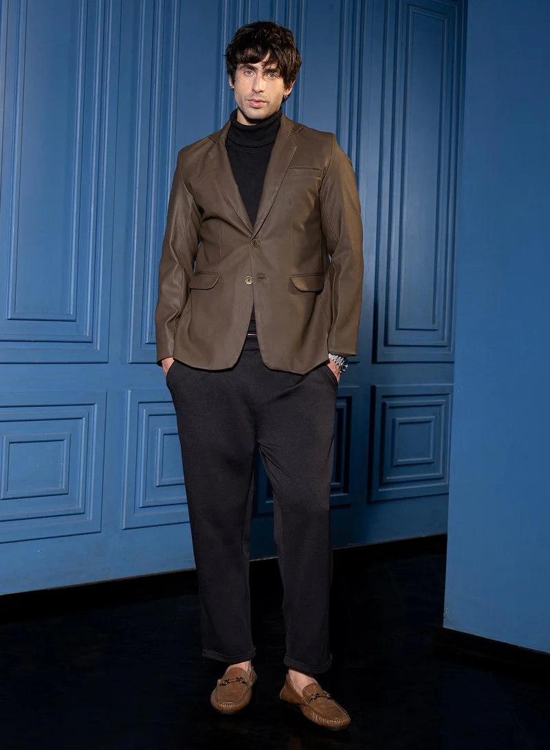 CAHOOT  Men Tailored-Leather Blazer | Lapel Collar, Long Split-Button Set-In Sleeves | Button , Back-Split Straight Hem | Solid Coated Woven Fabric For Casual & Evening Wear | Coffee Brown for Men | Best Price UAE