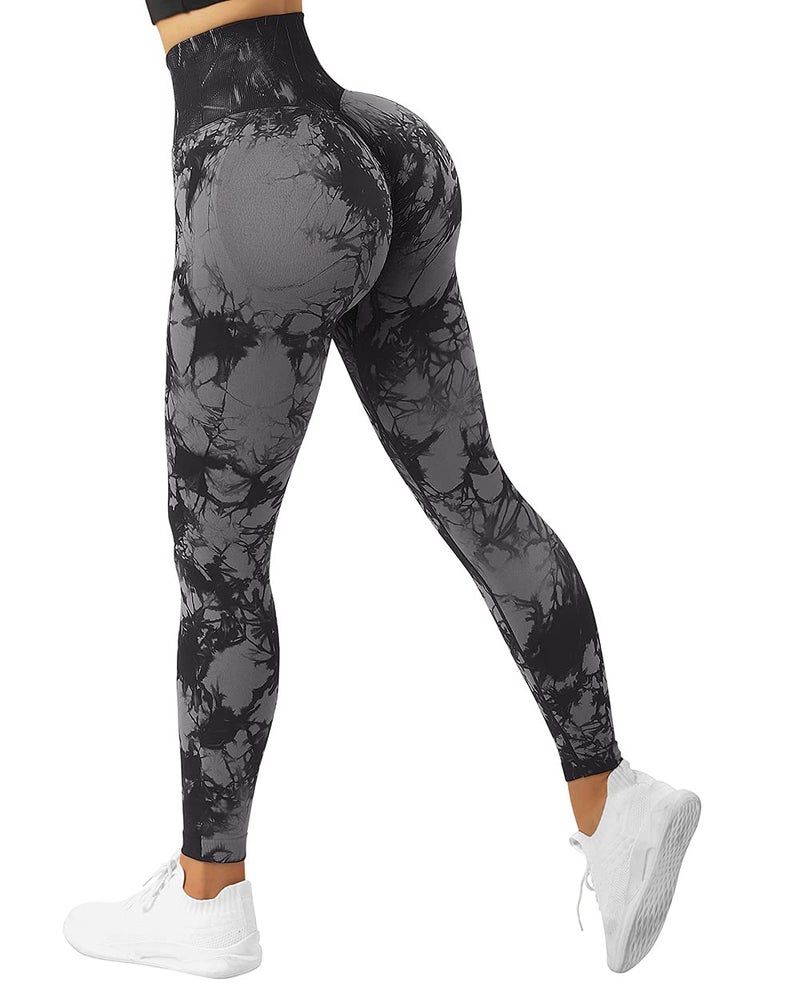 SUUKSESS Scrunch Butt Lifting Seamless Leggings for Women Booty High Waisted Workout Yoga Pants (Black Tie Dye, XL) - Image 1