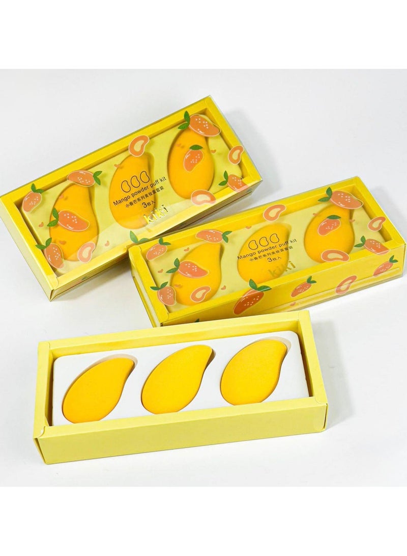 كيكي مجموعة إسفنجات المكياج، عبوة من 3 قطع على شكل مانجو، إسفنجات ومزج لتوزيع كريم الأساس، والكريمات، والبودرة (أصفر)