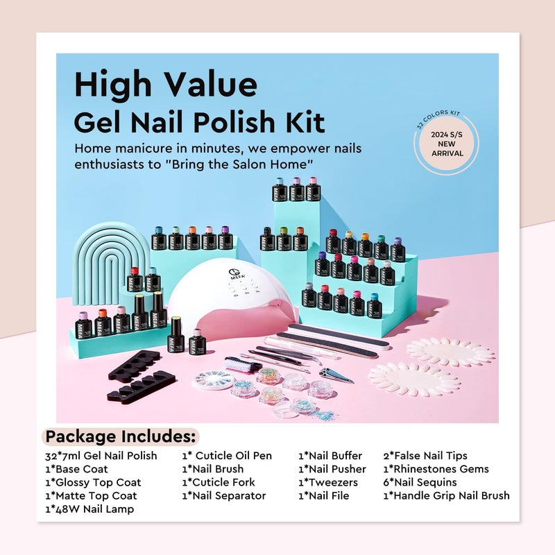 MEFA 54 PcsGel Nail Polish Kit with U V Light, 32 Colors Classic Popular Gel Nail Kit Soak Off Nail Polish Gel Set with Base Matte/Glossy Top Coat Nail Art Decorations Manicure Tools DIY Gifts - Image 5