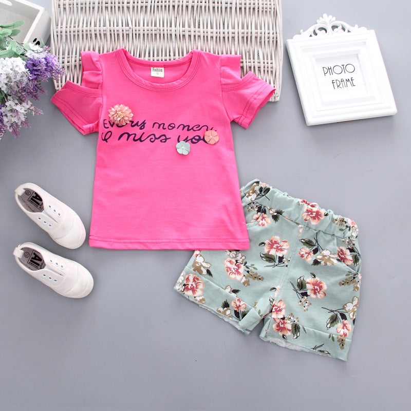 Summer Trendy Childrens New Short-sleeved Girls Breathable English Round Neck Short-sleeved Casual Shorts Childrens Suit Trendy Hair Rose Red short sleeve 