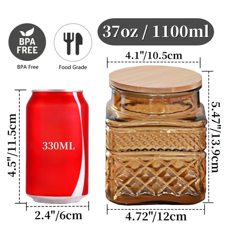 ANSQU Square Glass Jar, 37 Fl oz Candy Jar with Lid, Glass Food Storage Containers for Ground Coffee, Tea, Sugar, Decorative Mason Jar (Yellow) - Image 2