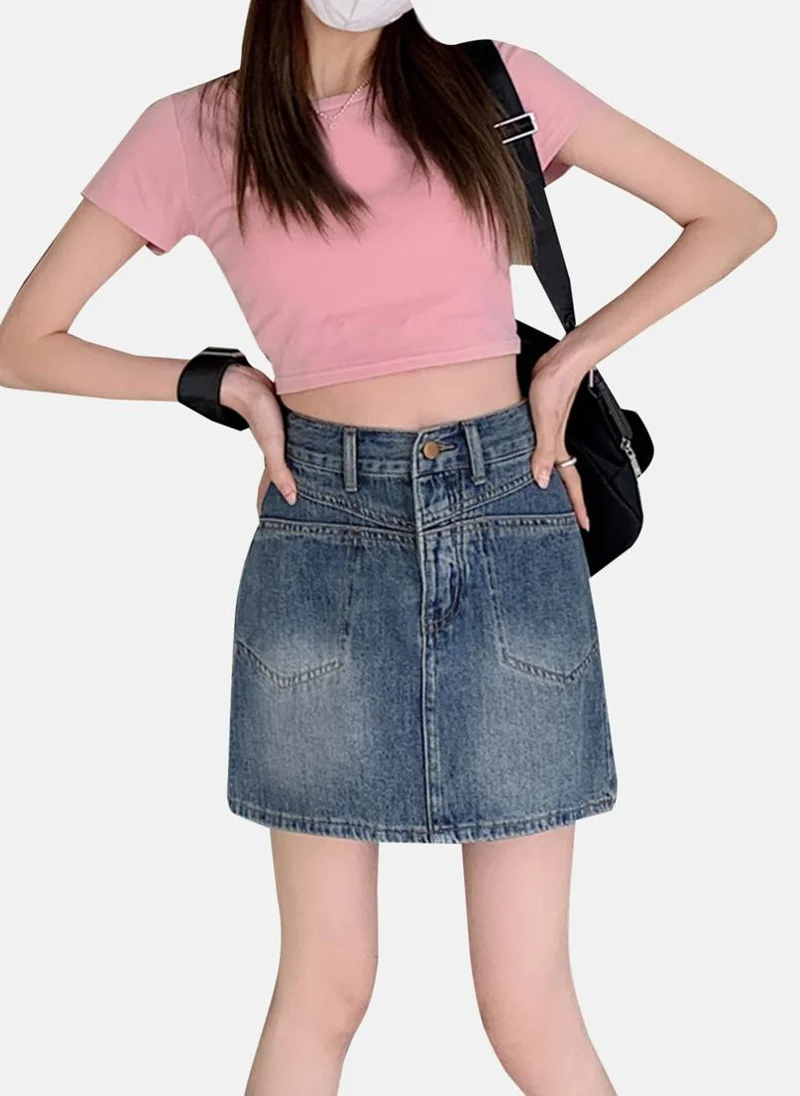 يونيكي Blue Solid Denim Mini Skirt