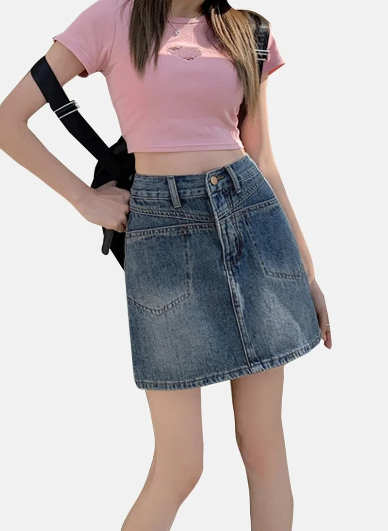 يونيكي Blue Solid Denim Mini Skirt