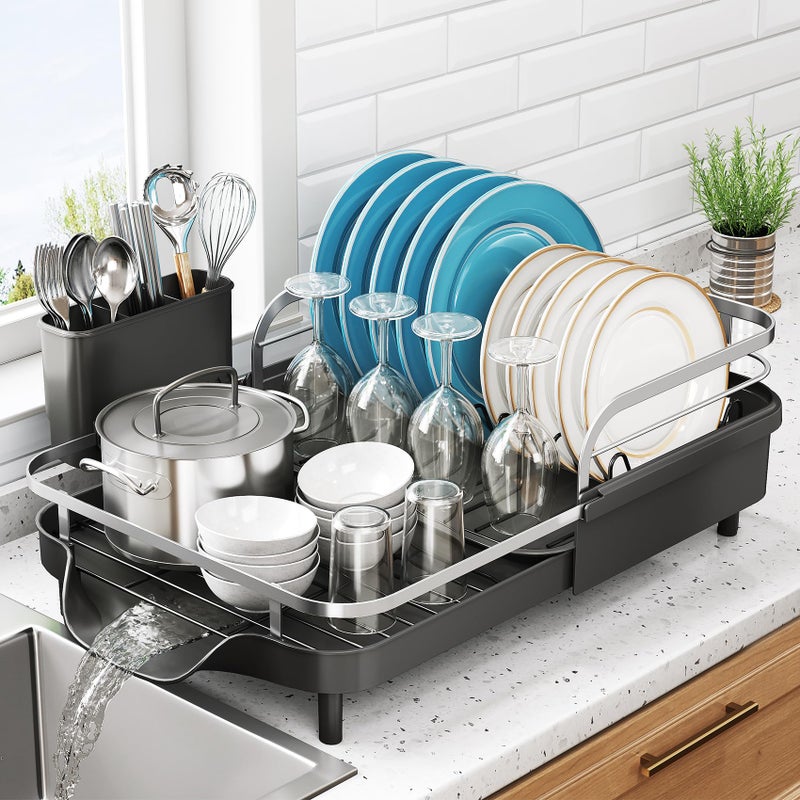 SNTD Dish Drying Rack, Expandable Dish Rack for Kitchen Counter, Stainless Steel Dish Drainer with Drainboard Set and Utensil Holder (Black) - Image 1