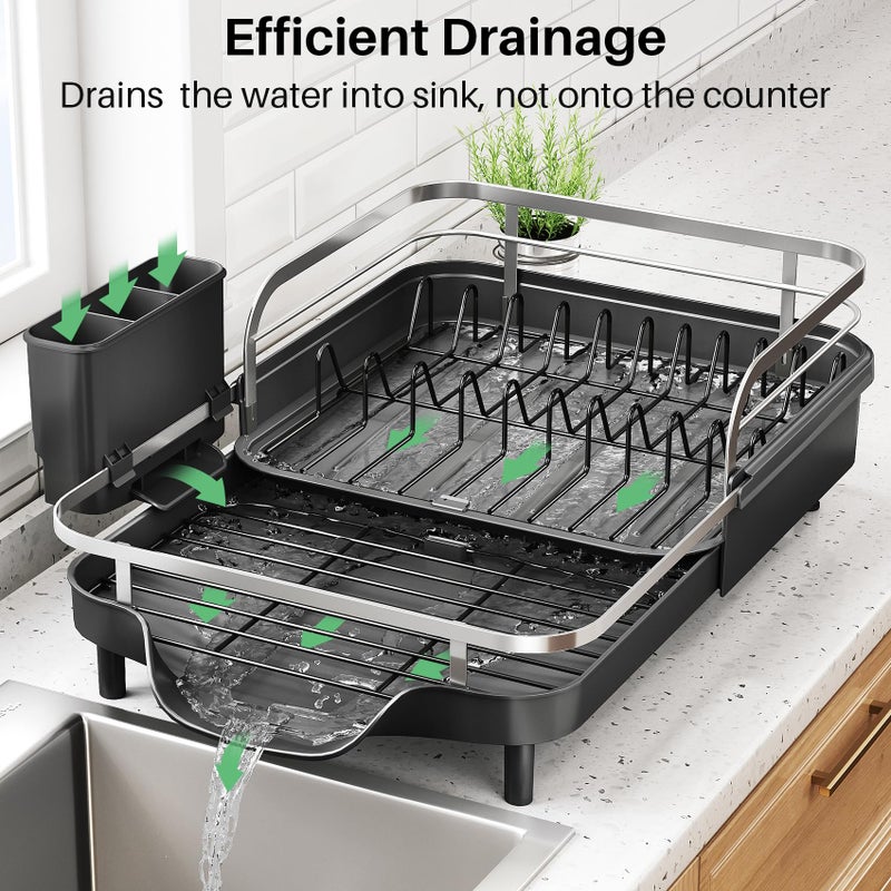 SNTD Dish Drying Rack, Expandable Dish Rack for Kitchen Counter, Stainless Steel Dish Drainer with Drainboard Set and Utensil Holder (Black) - Image 4