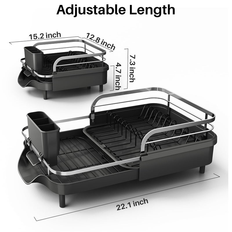 SNTD Dish Drying Rack, Expandable Dish Rack for Kitchen Counter, Stainless Steel Dish Drainer with Drainboard Set and Utensil Holder (Black) - Image 2