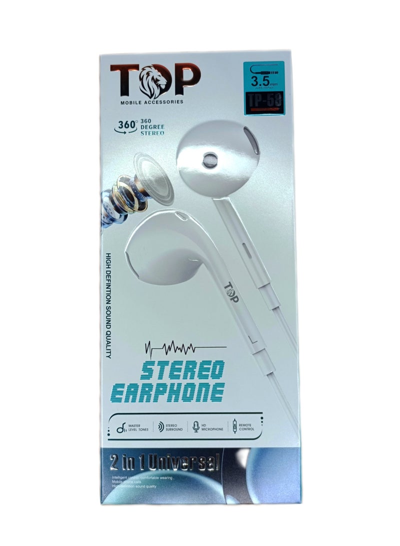 TOP TP-58 Wired Earphones with Microphone for Calls, White  - Image 4