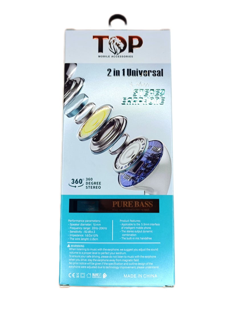 TOP TP-58 Wired Earphones with Microphone for Calls, White  - Image 5