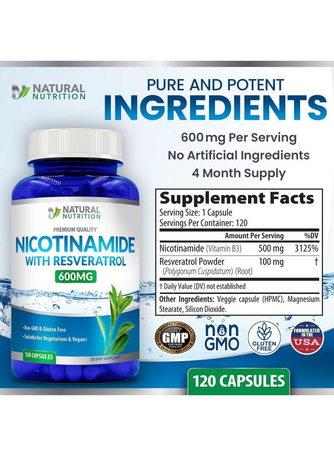 Generic Natural Vitamin Nicotinamide with Resveratrol 600mg (Vitamin B-3) 120 Veggie Capsules Gluten Free & Non-GMO - Image 5
