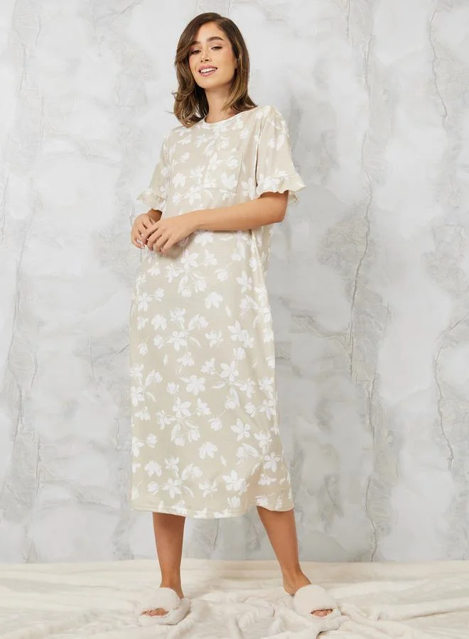 ستايلي Floral Ruffle Sleeve Pocket Detail T-Shirt