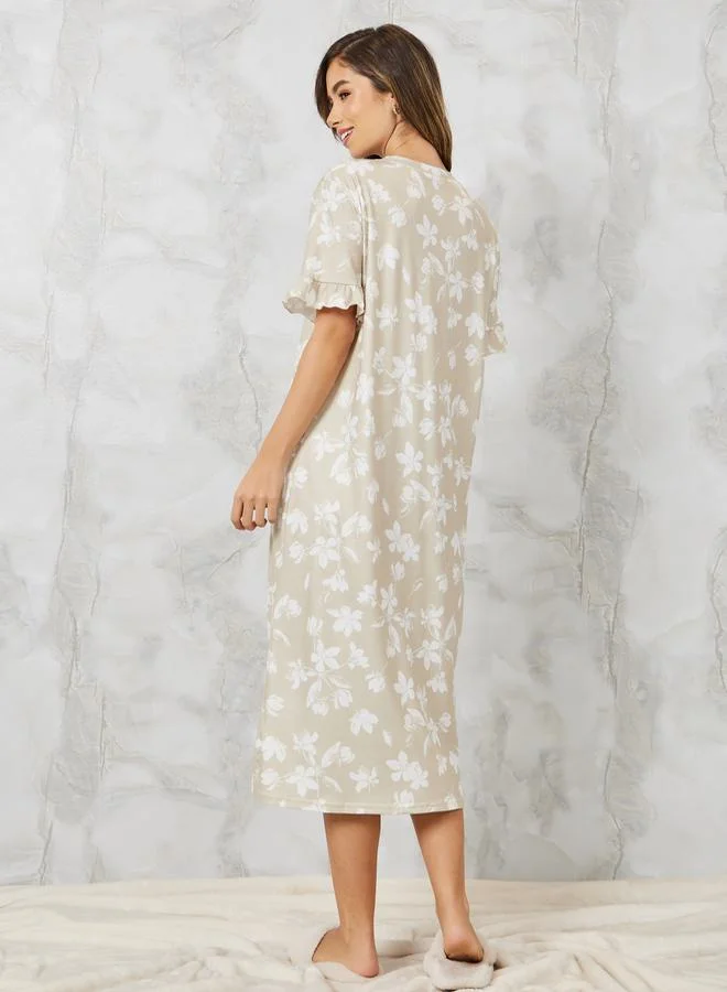 ستايلي Floral Ruffle Sleeve Pocket Detail T-Shirt