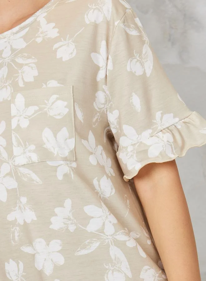 ستايلي Floral Ruffle Sleeve Pocket Detail T-Shirt