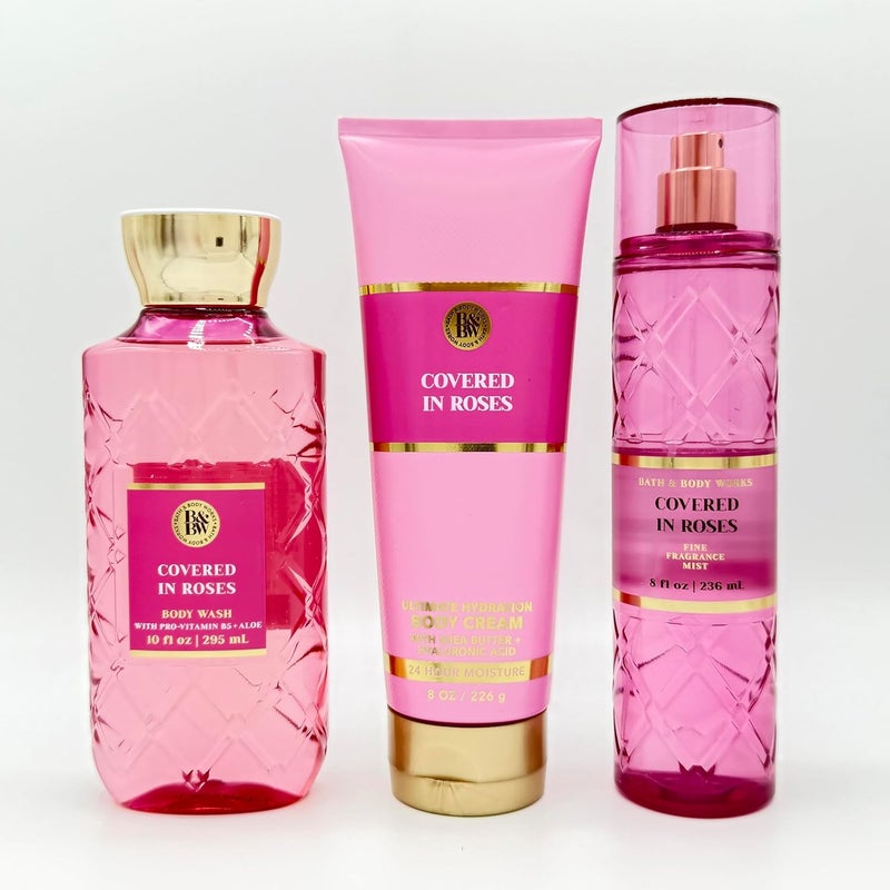 Covered in Roses 3Piece Bath Bundle Body Wash Ultimate Hydration Body Cream and Fine Fragrance Mist - Image 1