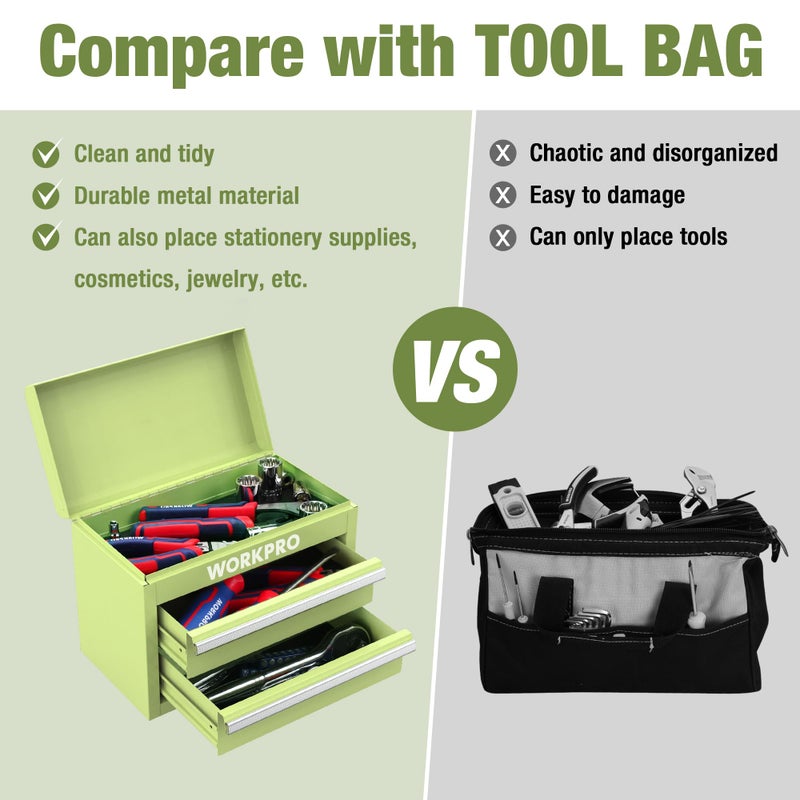 WORKPRO Mini Metal Tool Box with 2 Drawers and Top Storage, Small Tool Chest with PVC Liners and PP Feet Pads, Cold Rolled Steel Toolbox with Magnetic Tab - Image 4