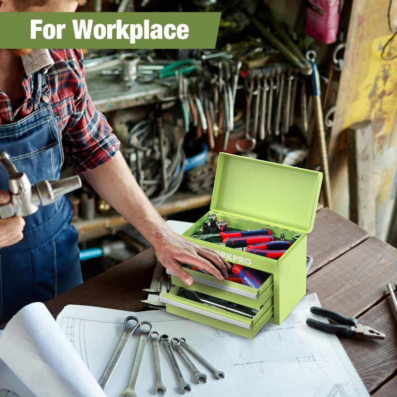 WORKPRO Mini Metal Tool Box with 2 Drawers and Top Storage, Small Tool Chest with PVC Liners and PP Feet Pads, Cold Rolled Steel Toolbox with Magnetic Tab - Image 5