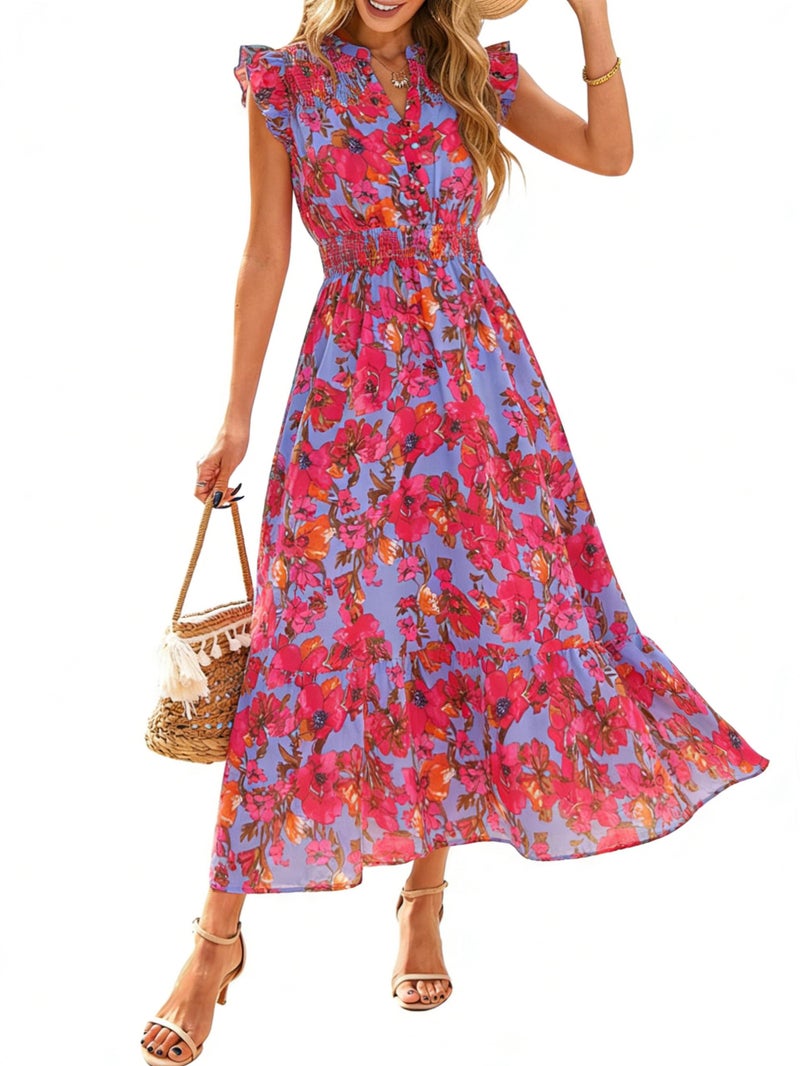 Simplee Apparel Simplee Womens Summer Floral Maxi Dress Elegant Boho Casual Beach Vacation Dresses Tiered Easter Smocked Long Sundress (Rose Red Blue Floral M) - Image 1