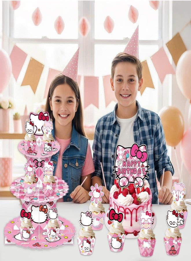 Ailimy 26Pcs Cartoon Cat Birthday Party Decorations Kitty Themed 3-Tier Cupcake Stand, Toppers Wrappers and 1 Cake Topper Cat Party Decorations - Image 5