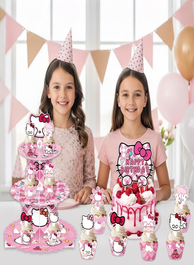 Ailimy 26Pcs Cartoon Cat Birthday Party Decorations Kitty Themed 3-Tier Cupcake Stand, Toppers Wrappers and 1 Cake Topper Cat Party Decorations - Image 4