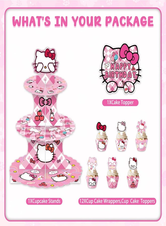 Ailimy 26Pcs Cartoon Cat Birthday Party Decorations Kitty Themed 3-Tier Cupcake Stand, Toppers Wrappers and 1 Cake Topper Cat Party Decorations - Image 2