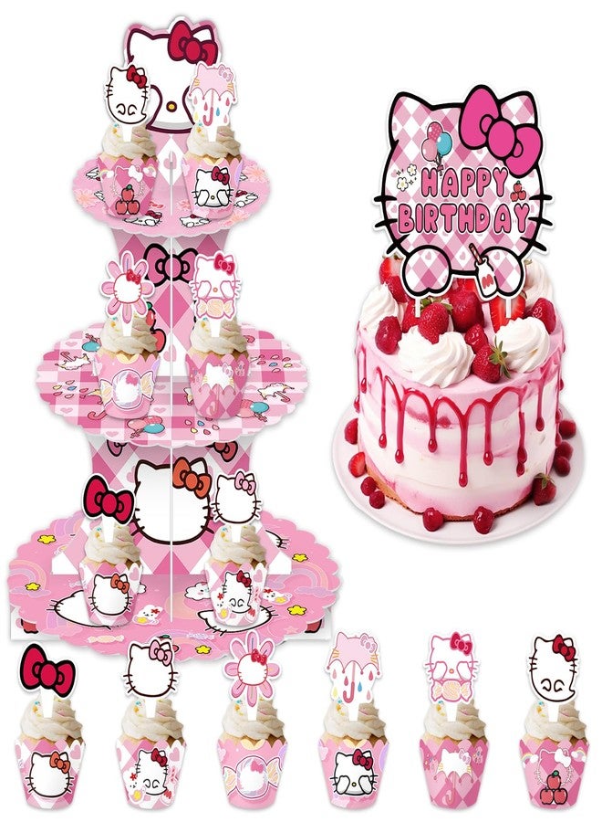 Ailimy 26Pcs Cartoon Cat Birthday Party Decorations Kitty Themed 3-Tier Cupcake Stand, Toppers Wrappers and 1 Cake Topper Cat Party Decorations - Image 1