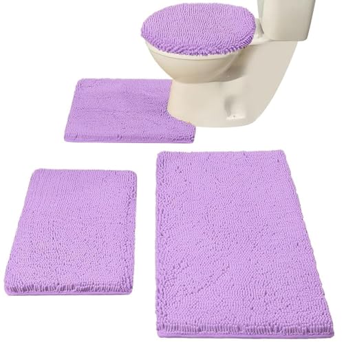 Madeals Chenille Bath Rug Set with Toilet Lid Cover and U-Shaped Toilet Floor Rug - Lavender - Image 1