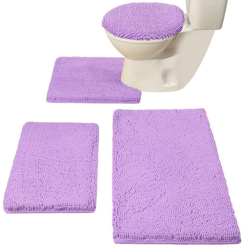 Madeals Chenille Bath Rug Set with Toilet Lid Cover and U-Shaped Toilet Floor Rug - Lavender - Image 2