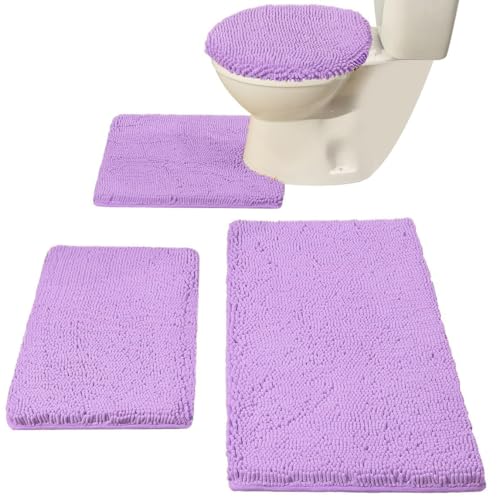 Madeals Chenille Bath Rug Set with Toilet Lid Cover and U-Shaped Toilet Floor Rug - Lavender - Image 3