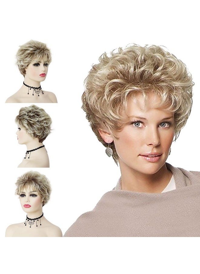 GNIMEGIL - Old Lady Wig Blonde Hair Short Curly Wigs Natural Mommy Wig With Bangs For Women Heat Resistant Synthetic Cosplay Wig Halloween Costume For Women - Image 1