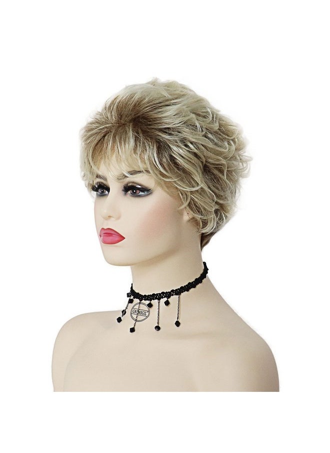 GNIMEGIL - Old Lady Wig Blonde Hair Short Curly Wigs Natural Mommy Wig With Bangs For Women Heat Resistant Synthetic Cosplay Wig Halloween Costume For Women - Image 1