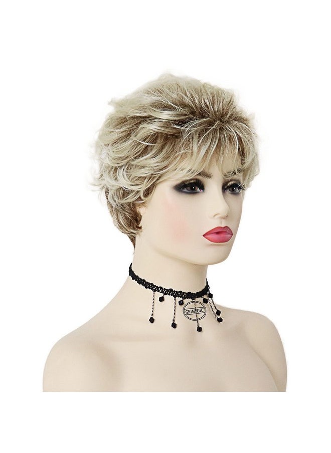 GNIMEGIL - Old Lady Wig Blonde Hair Short Curly Wigs Natural Mommy Wig With Bangs For Women Heat Resistant Synthetic Cosplay Wig Halloween Costume For Women - Image 1