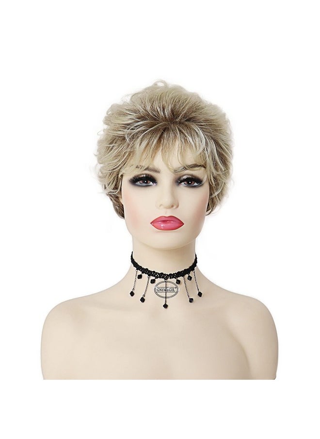 GNIMEGIL - Old Lady Wig Blonde Hair Short Curly Wigs Natural Mommy Wig With Bangs For Women Heat Resistant Synthetic Cosplay Wig Halloween Costume For Women - Image 1