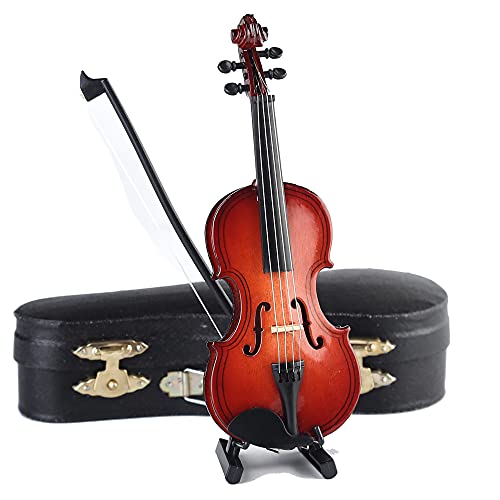 Dselvgvu Wooden Miniature Violin with Stand Bow and Case Mini Violin Musical Instrument Replica Collectible Figurines Collection Decorative Ornament Dollhouse Accessories Model 563x205x075 - Image 1